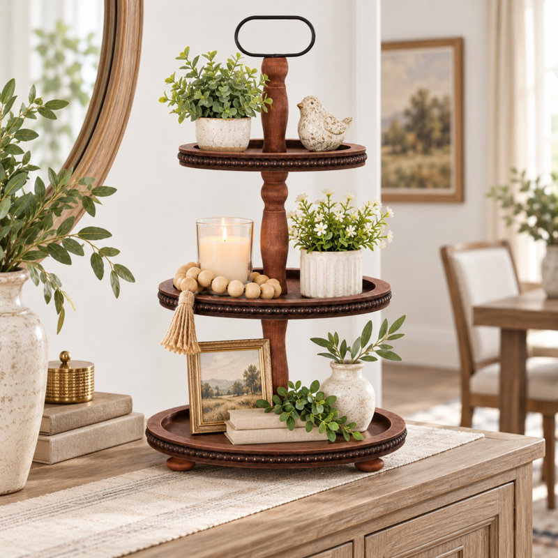 Présentoir décoratif en bois à 3 niveaux de 24 pouces avec étagères rondes de style campagnard