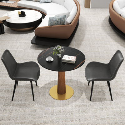 Ensemble de 3 tables de conférence rondes en pierre frittée moderne avec 2 chaises en cuir