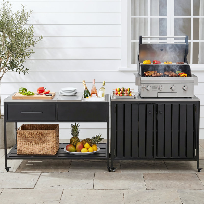 Ensemble d'îlot de cuisine 2 pièces avec comptoirs en acier inoxydable, table de préparation mobile avec bassin à glace amovible et armoire de rangement à 2 portes