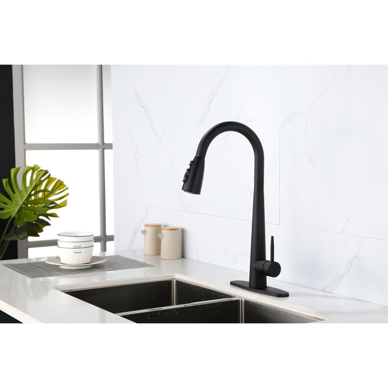 Robinets de cuisine noirs avec bec rétractable, noir mat, fixation sur comptoir à un trou, conception moderne, installation facile vers le bas en acier inoxydable, pour fonctionner