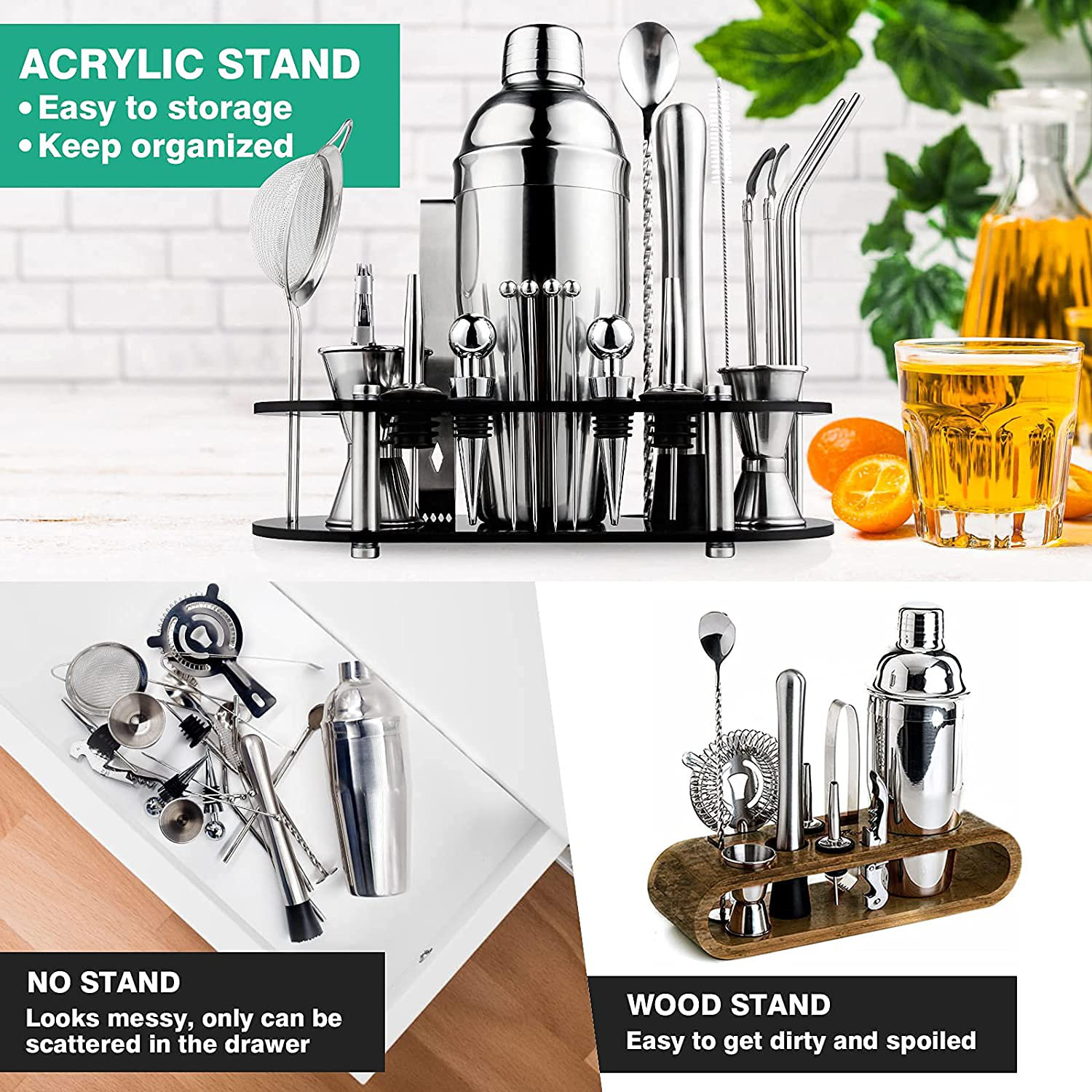 Suranne 25 Piece Stainless Steel Cocktail Shaker Bar Tool Set With Stand, Stainless Steel