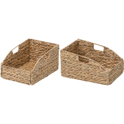 9" W x 13.25" D Trapezoid Natural Water Hyacinth Hand Woven Rattan Wicker Storage Basket Set with Iron Wire Frame (Set of 2)