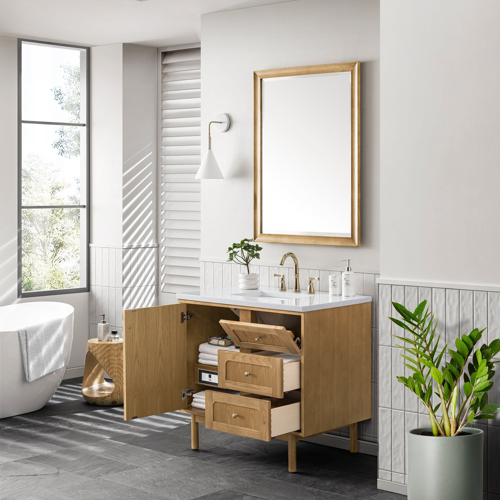 Laurent 36'' W Single Vanity, White Zeus, 8" Widespread, Light Natural Oak