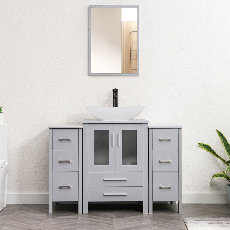  48" Double Sink Bathroom Vanity Set with Manufactured Wood Top, Vessel Sink, Faucet, Mirror Not Included, Gray