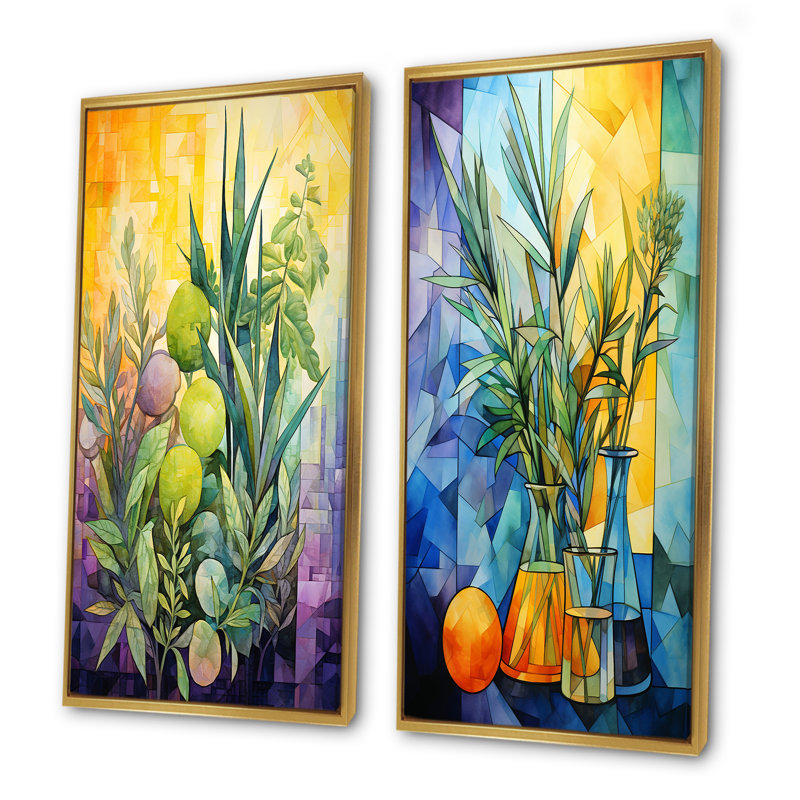 Ensemble de 2 décorations aromatiques délicates I - herbes, Cadre flottant doré, H 28 po x l 25 po