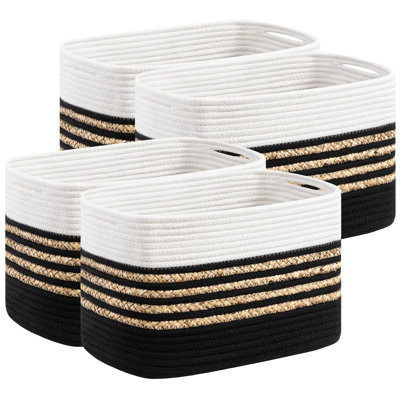Set of 4 Rectangle Cotton Rope Storage Baskets with Built-in Handles, 14"L x 8"W x 9"H Decorative Woven Organizer Baskets for Toys, Towels, Closet & Home Storage