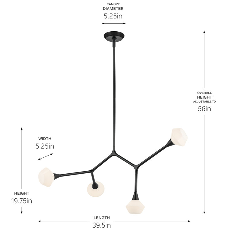 Convertible Chandelier with Opal Glass, Satin Black, 19.75" H x 5.25" W x 39.5" D, 4