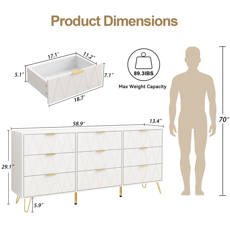 Commode 9 tiroirs l 58,9 po Telfair, Blanc