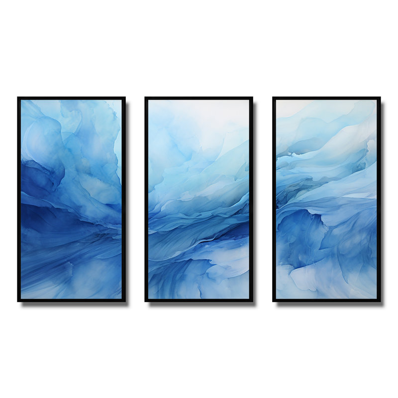«Blue Emotional Tachism Waves 1 - Tachism», art mural, H 28 po x l 36 po x P 1 po, Cadre flottant noir