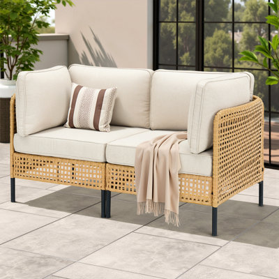 Natural Outdoor Patio Sectional , Style With Beige Cushions, , Modular Arrangement For Gardens And Patios , Handwoven All - Weather Resilience