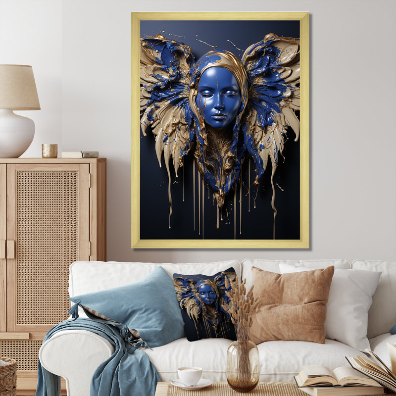 Art mural ailes d'ange bleu royal et or royal IV, Encadrement doré, H 20 po x l 12 po x P 1 po