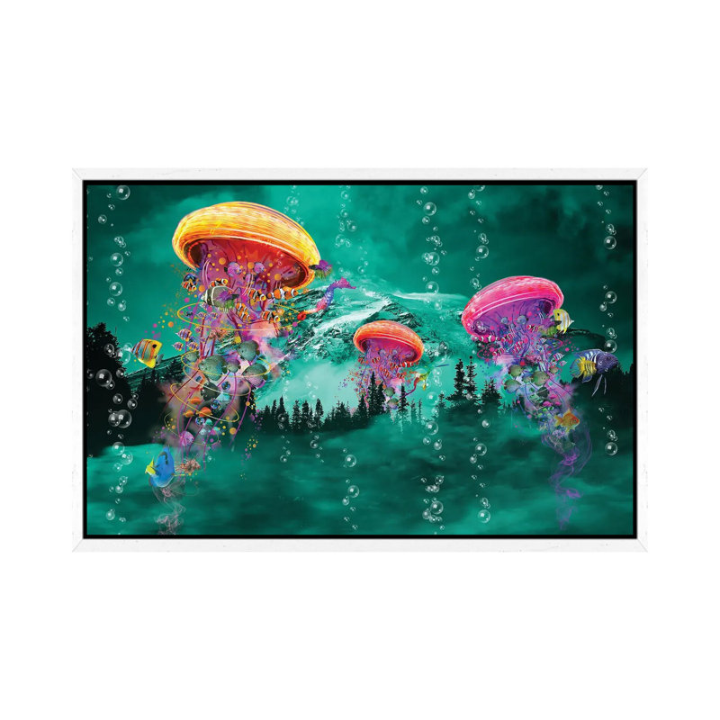 Electric Jellyfish In Front Of A Mountain by David Loblaw - Print on Canvas, 66.04 cm H x 45.72 cm W, White Framed