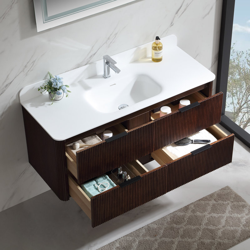 Meuble-lavabo mural flottant avec plateau en acrylique, Noyer, 48"