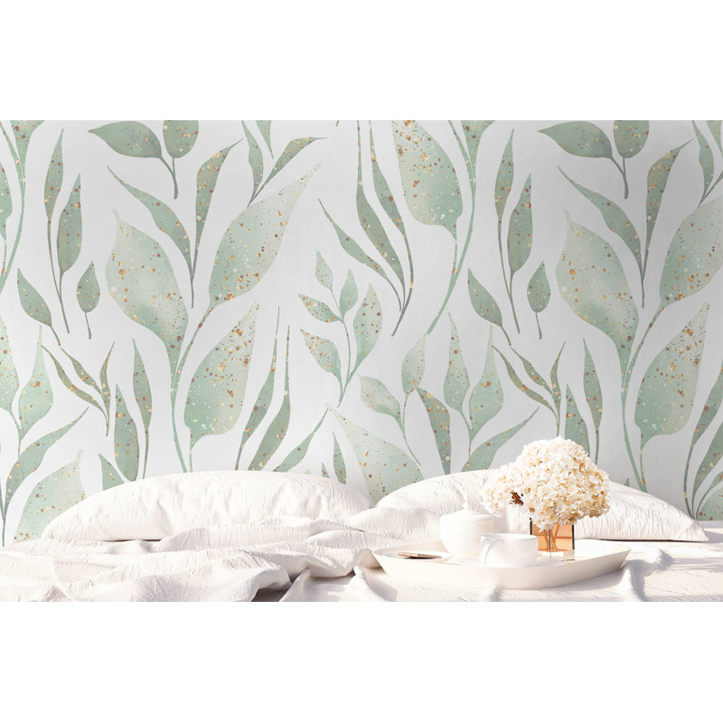 Papier peint amovible avec feuilles de brindilles vertes, L 105,96 po x l 187 po