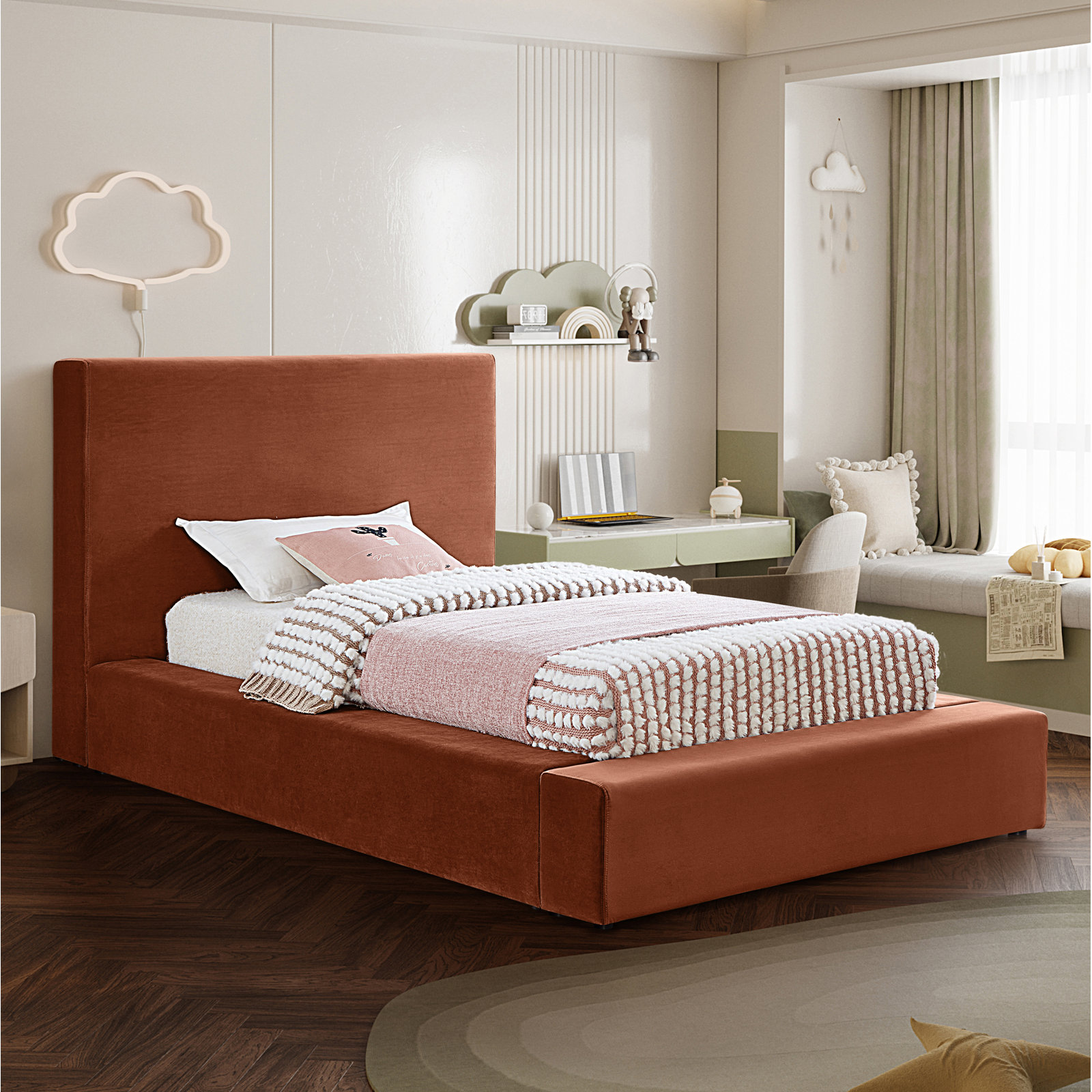 Ishia Upholstered Platform Bed, Twin, Cognac Velvet