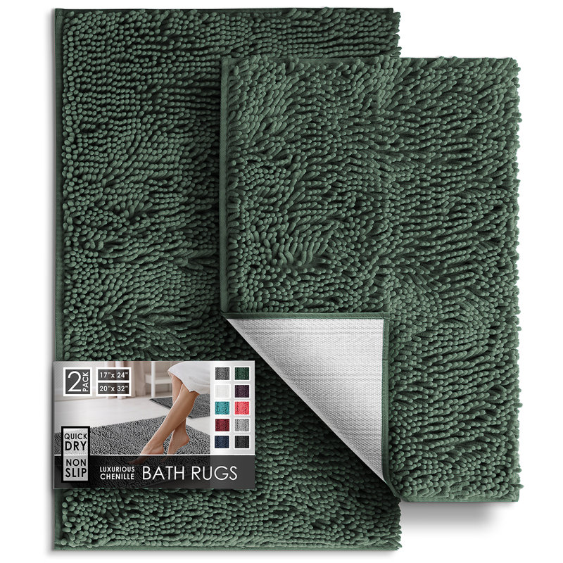 Yasmen Super Soft Absorbent Chenille Bath Rug Set with Non-Slip Backing, Hunter Green