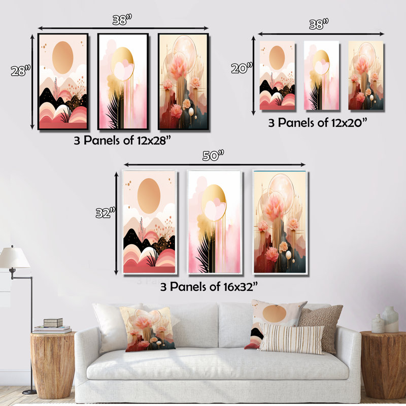 «Golden Full Moon Retro Illustration», 3 pièces sur toile, Cadre flottant doré, H 40 po x l 60 po