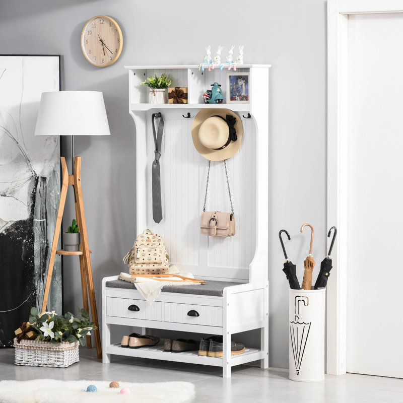 Arbre d'entrée 3 en 1, banc d'entrée avec portemanteau, banc de vestibule avec porte-chaussures, 2 tiroirs de rangement, 4 crochets et coussins de siège rembourrés pour le couloir