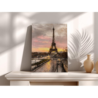 Impressionnante tour Eiffel au lever du soleil sur toile, peinture romantique de Paris, ciel rose et or au-dessus de la seine pour une décoration murale élégante