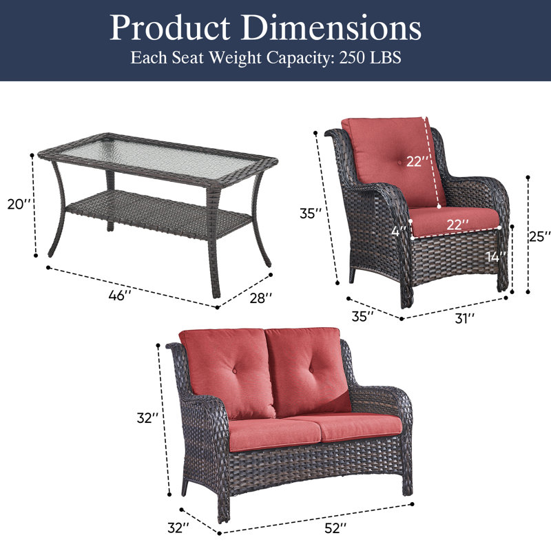 Carolina 4-Person Square Outdoor Conversation Set With Loveseat And Armchair, Red Cushion/Gray Frame