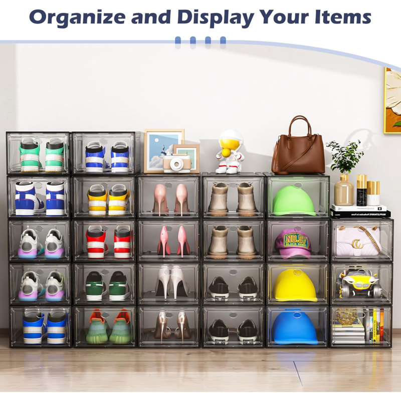 Shoe Storage Box, 6 Pcs Shoe Box Clear Plastic Stackable, Sturdy Foldable Shoe Organizer Containers With Magnetic Door, Black
