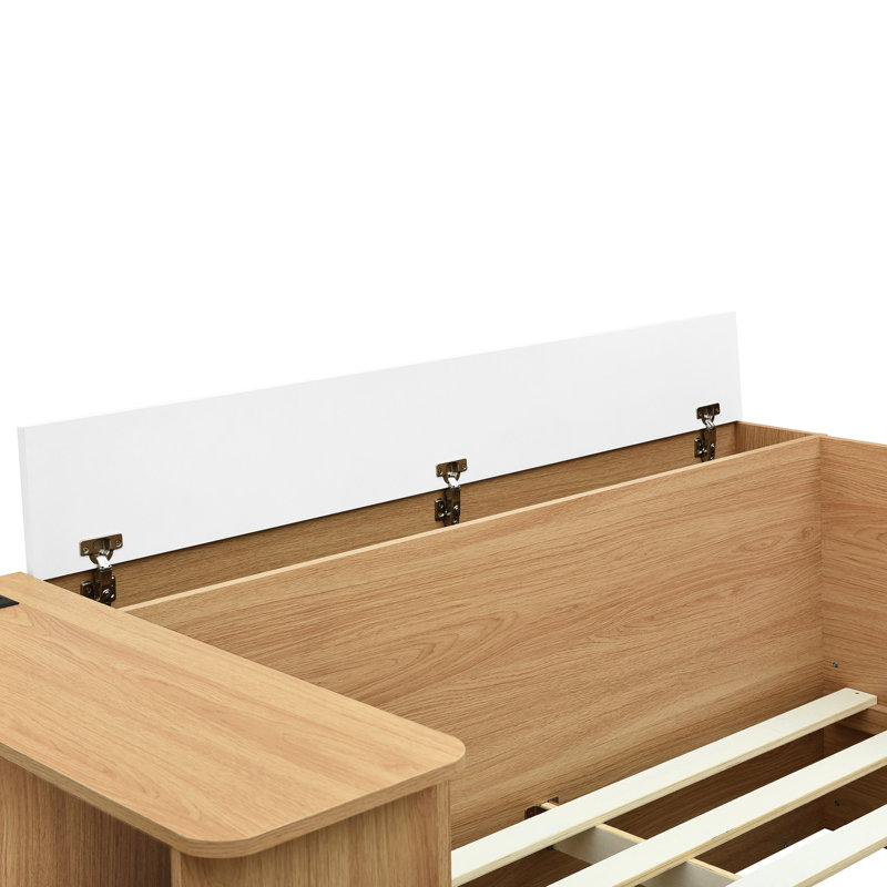 Lit double avec 6 tiroirs, coiffeuse et tablette latérale, multifonctionnel pour la routine de maquillage d'étude, couleur bois naturel, structure en bois confortable, meuble-lavabo à plateforme quotidienne, finition, sécurité