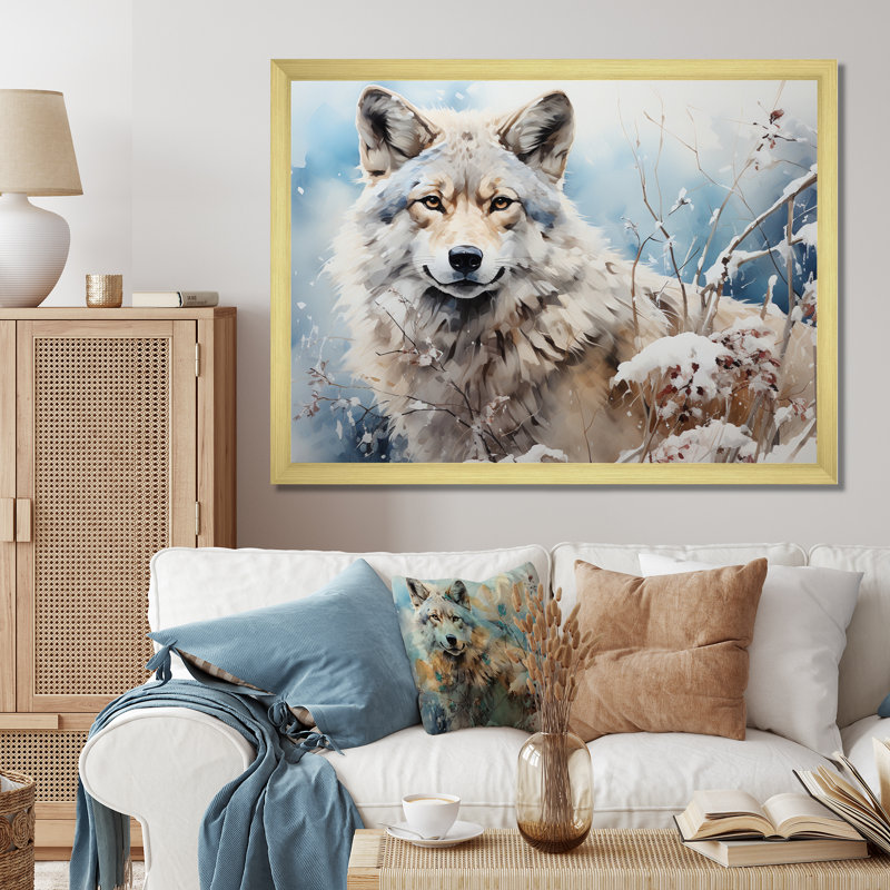 Wolf Winters Embrace - Animals Wall Decor, H 16 po x l 32 po x P 1 po, Toile avec cadre photo doré