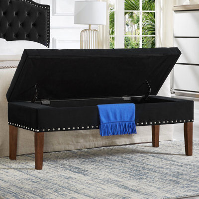 Banc avec compartiment de rangement interne - Fabrication en bois, revêtement en velours 48 X 18 18,5 Trait simple à assembler en tissu noir doux 48L x 18W 18,5H Facile