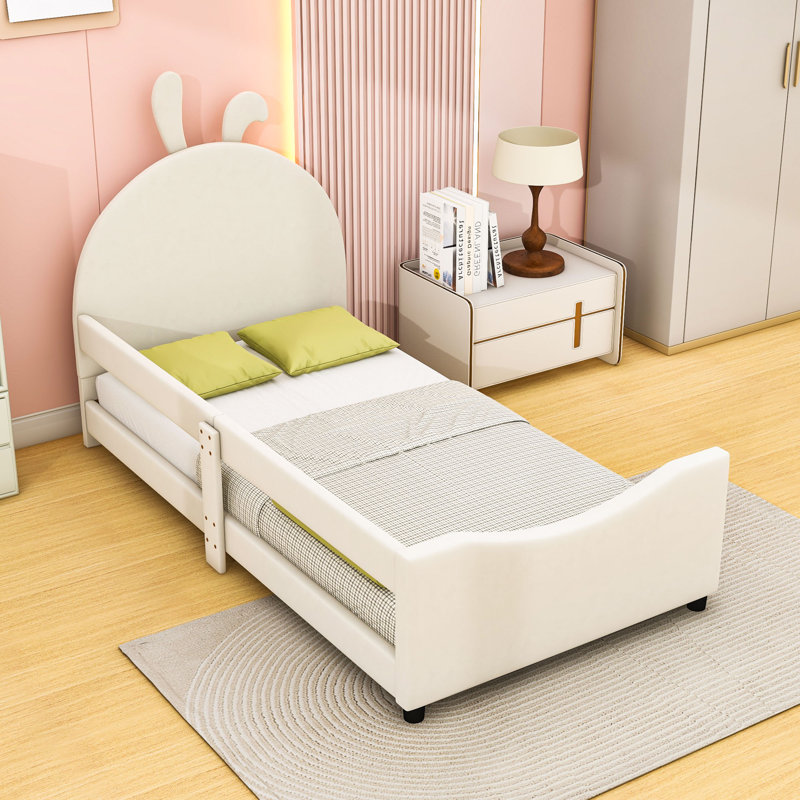 Twin Upholstered Platform Bed with Headboard, Beige