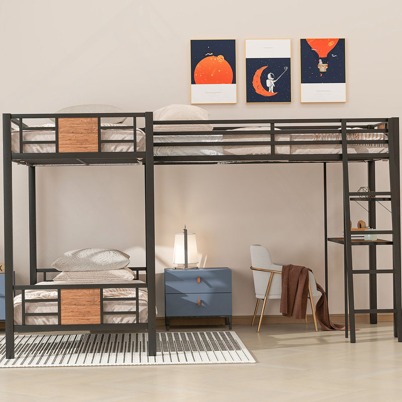 Lit superposé en L avec lit mezzanine avec bureau et tablette