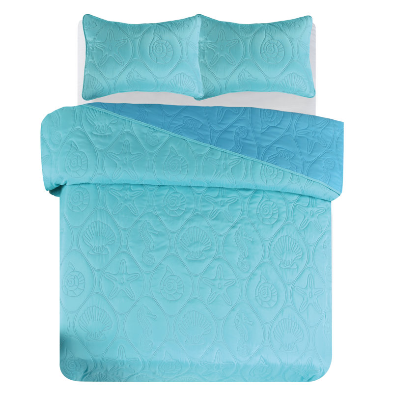 Ensemble de couvre-lit réversible Pinsonic, Couvre-lit de grande taille et 2 taies décorative, Turquoise
