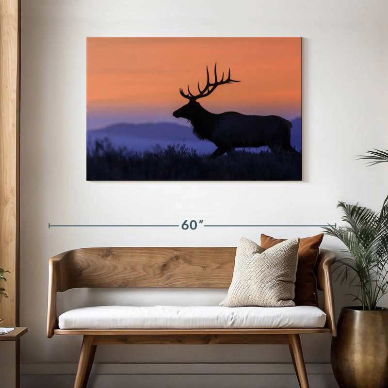 Wapiti brulé contre le coucher du soleil, H 30 po x l 45 po