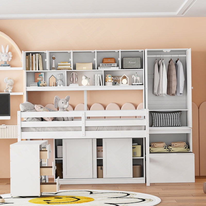 Grand lit mezzanine en bois avec rangement sous le lit avec tiroirs et tablettes Kauslick, Blanc, Double
