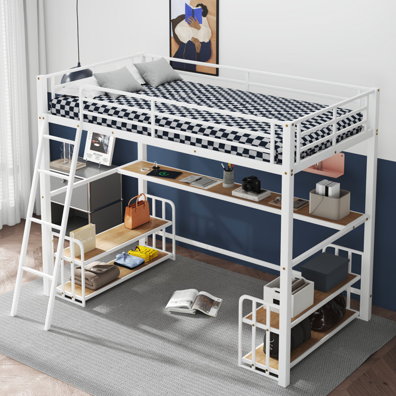 Lit mezzanine en métal avec bureau, tablettes de rangement et station de charge, Lit simple
