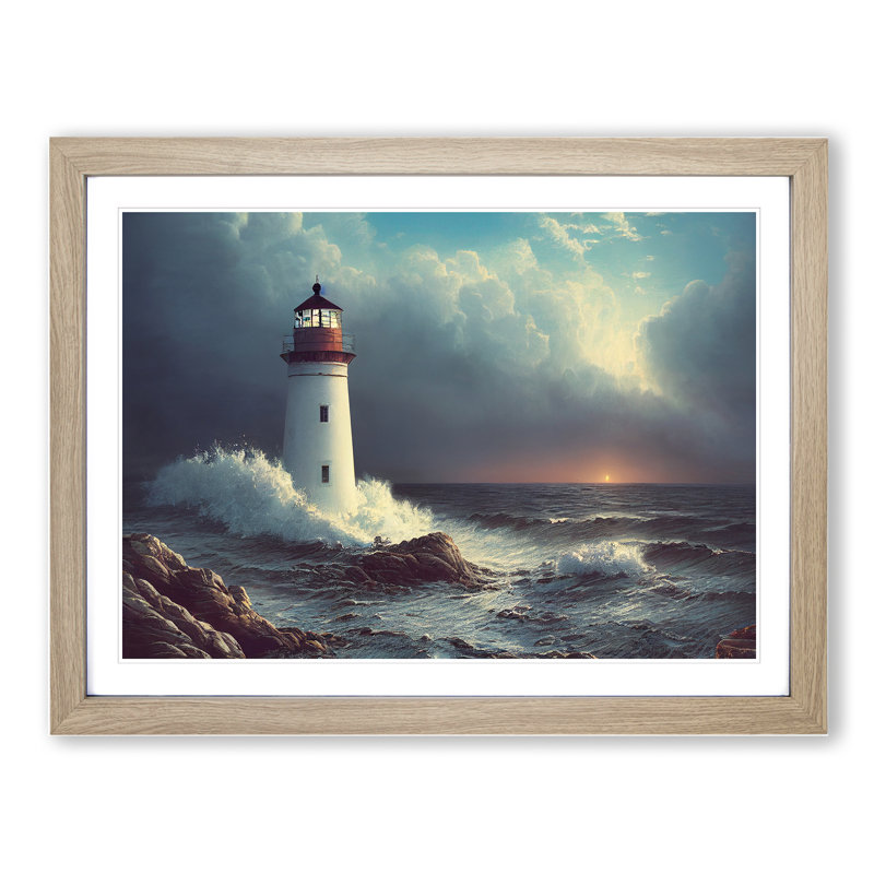 Interesting Lighthouse Seascape - Framed Print, 46cm H x 64cm W x 2cm D, Oak