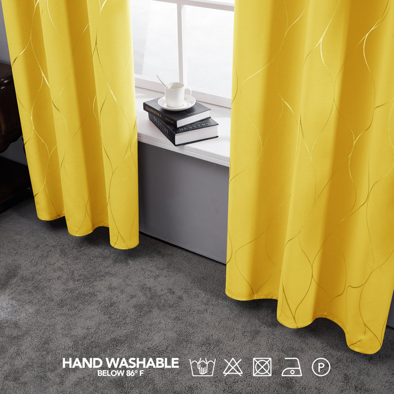 Seligman Wave Foil Printed Room Darkening Thermal Curtains, Mellow Yellow, Width 132 x Drop 138 cm