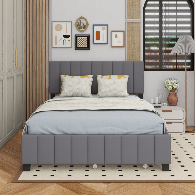 Queen Size Velvet Upholstered Platform Bed With 2 Drawers And 1 Twin XL Trundle, Gray