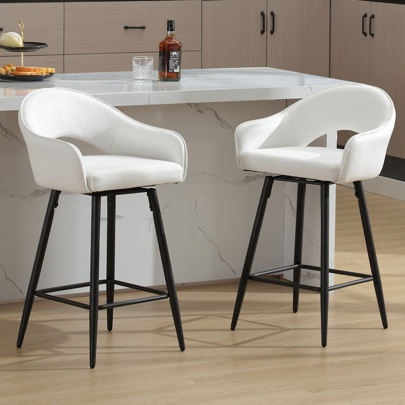 Cream Faux Leather Swivel Counter Stools with Iron Legs, Set of 2