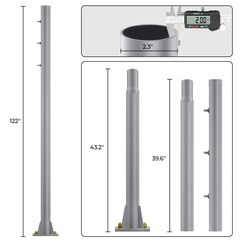 Barre de voile d'ombrage en acier robuste de 10 pi, diamètre de 2,4 po, Gris