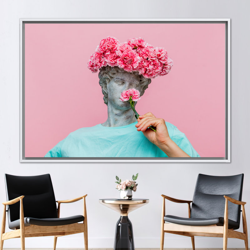 Affiche d'art moderne sur toile 3D avec un buste d'homme antique et un chapeau floral, H 33 po x l 45 po, Blanc