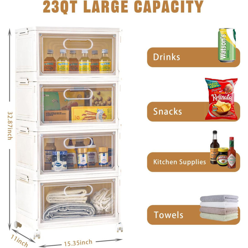 4 Tier Stackable Storage Bins, Storage Containers With Wheels Clear Plastic Storage Bins With 1 Lid, Large Collapsible Storage Box Multifunctional Stackable Storage Drawers For Home Office