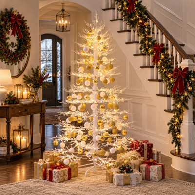 Sapin de Noël artificiel blanc pré-illuminé de 1,83 m avec 600 lumières DEL blanc chaud et 150 décorations