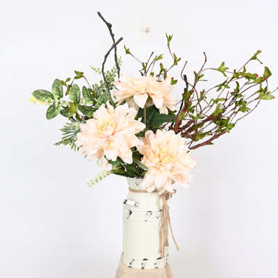 Arrangement floral de dahlia artificiel printemps été avec seau en métal pour décoration murale de porte d'entrée