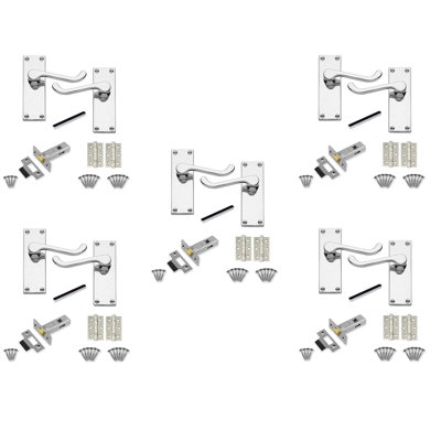  5 Sets Victorian Scroll Latch Door Handles in Polished Chrome with 1 Pair of 3" Ball Bearing Hinges & Latches Pack - 120mm x 40mm Backplate