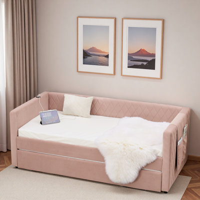 Diamond Grid Velvet Daybed With Usb Charging, Side Pocket And Trundle by Everly Quinn