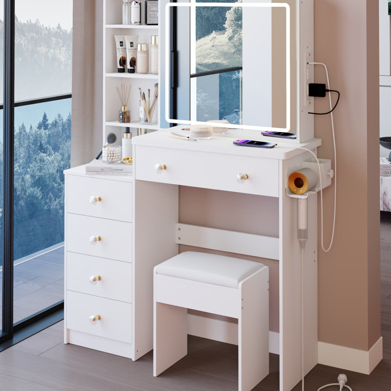 Meuble-lavabo de 37 po avec tabouret de chevet, 2 prises AC + 2, support pour sèche-cheveux, grand miroir coulissant à commande tactile 24 po x 22 po à 3 interrupteurs de couleur, matériau de conception américaine et commode