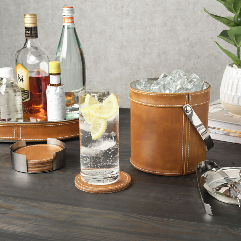 Leather Stitched Double Walled Ice Bucket with Tongs