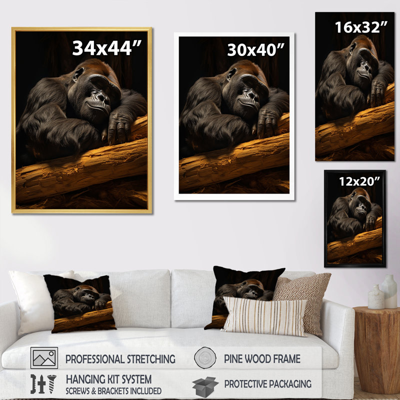 Gorille de la sieste sur toile, Cadre naturel flottant, H 20 po x l 12 po x P 1 po