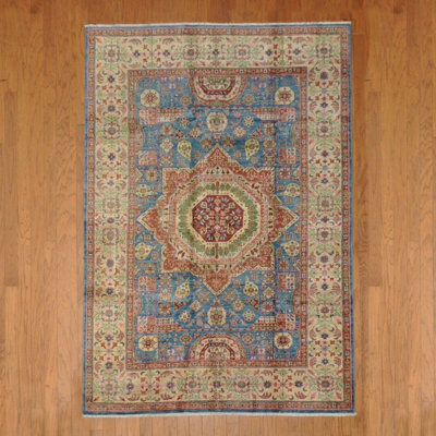 Tapis bleu nouvel en laine noué à la main de conception unique 5 pi 8 po x 8 pi 2 po Ardoyd