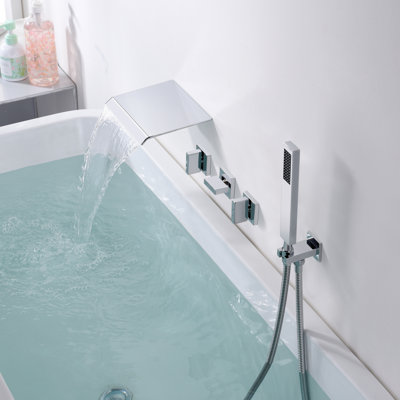 SUMERAIN S2129XW-2140-2150 Triple Handle Wall Mounted Roman Tub Faucet with Handheld Shower, Waterfall Bathtub Filler Faucet